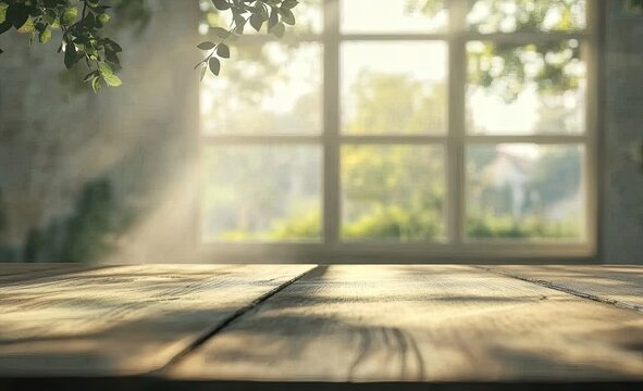 Fototapeta Rustic wooden table by a sunny window