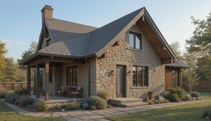 Naklejka premium Modern Stone Cottage with Cozy Porch Unique Architectural Design