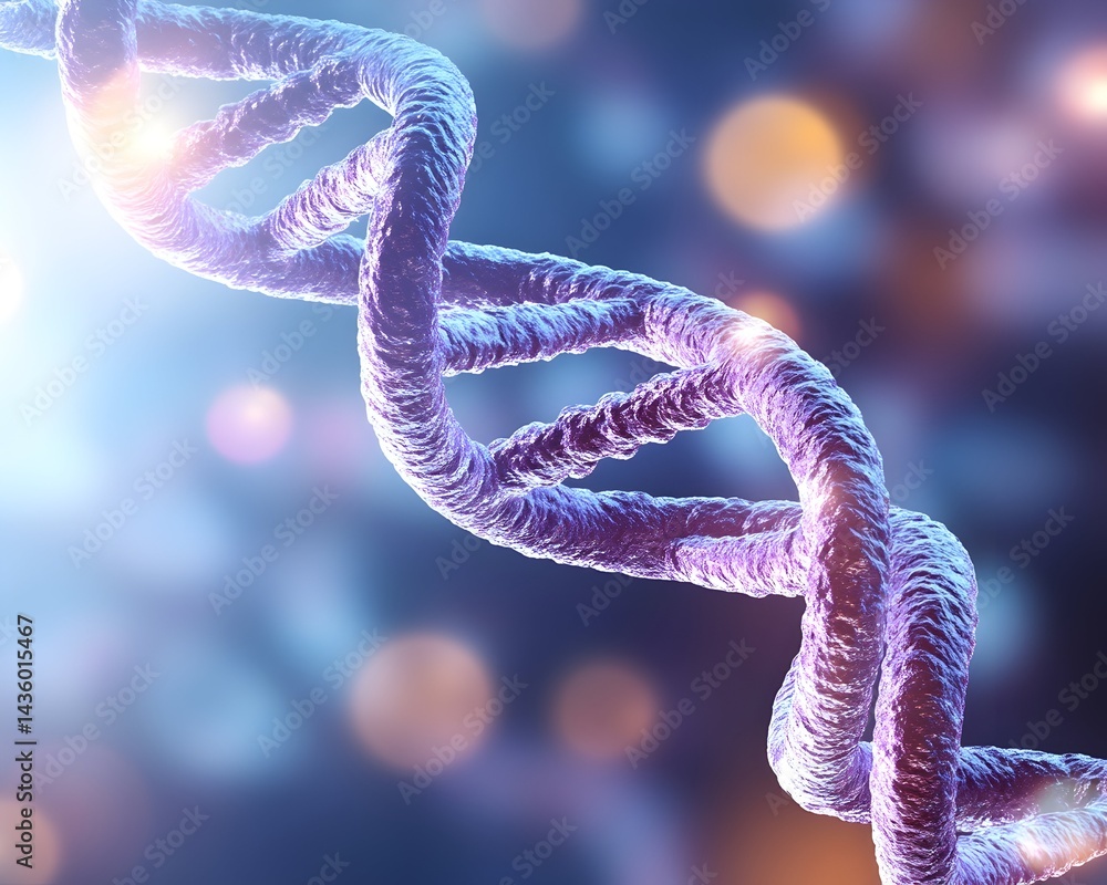 Poster a detailed 3d rendering of a dna double helix against a bokeh background