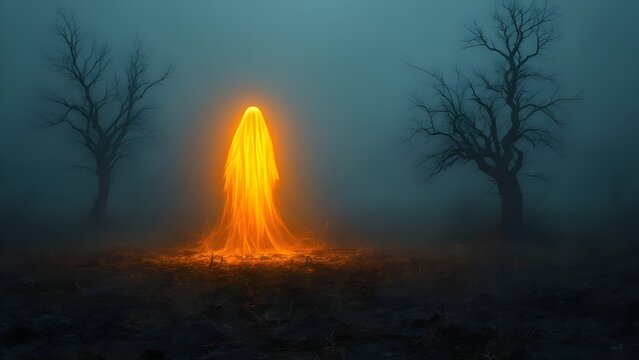 Creepy glowing ghost flowing though a barren dark blue night landscape, halloween wallpaper , Desktop, background 