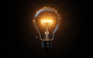 A vintage light bulb with golden sparks on a dark background