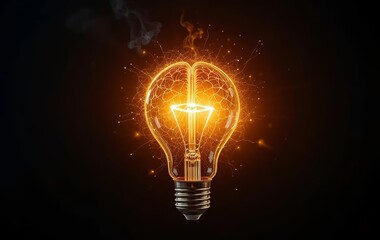 A vintage light bulb with golden sparks on a dark background