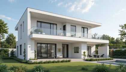 Fototapeta premium Modern Minimalist Villa Spacious Balcony, Landscaped Yard, Architectural Design
