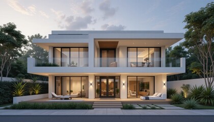 Fototapeta premium Modern Minimalist Villa Design Spacious Balcony, Landscaped Yard, Luxury Home Architecture