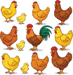 A vibrant and cheerful vector set of cartoon farm chickens, including hens, chicks, and a proud rooster with a colorful green tail.