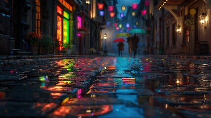 Urban night street neon lights reflections