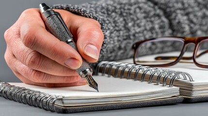 Close-up of professional hand holding luxury pen above spiral notebook, gray cozy sweater background, concept of planning and productivity