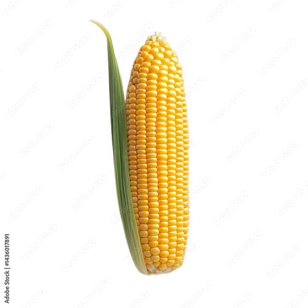 Poster single ear of corn with bright yellow kernels arranged neatly in rows. accompanied by a green leaf t