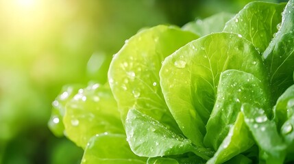 Dew-kissed green lettuce leaves basking in sunlight