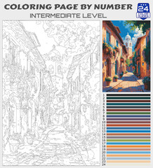 Charming Mediterranean Street Coloring Page by Number | Printable Intermediate Travel Scene