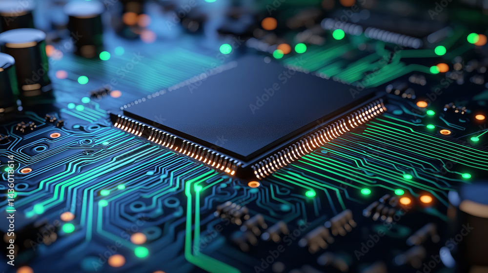 Aufkleber close-up view of a computer chip on a circuit board at night