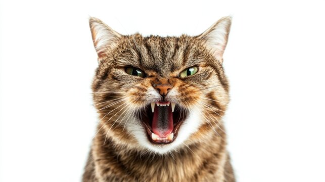 Fierce tabby cat with green eyes hissing on a white background.