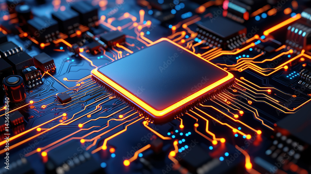 Poster close-up of a microprocessor on a lit circuit board