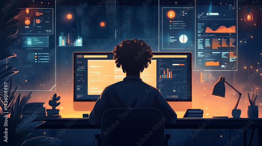 Poster silhouetted person working at a computer in a digital workspace.