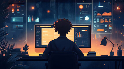 Silhouetted person working at a computer in a digital workspace.