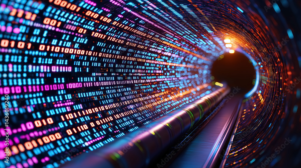 Poster visualizing digital data flowing through a futuristic tunnel at night