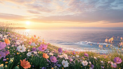 Fototapeta premium Vibrant wildflowers overlook a serene ocean at sunrise, creating a tranquil, picturesque scene.