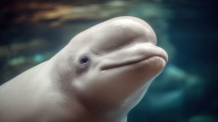 Close-up of a Beluga Whale’s Face, Highlighting Unique Features, Rounded Forehead and Gentle Eyes, Soft Lighting on Textured Skin