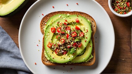 Sliced Avocado Toast with Red Pepper and Herb Topping on a Rustic Plate, Perfect for a Light Meal.