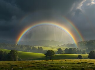 Naklejka premium Double Rainbow Displaying Vivid Colors Over a Lush Green Valley Under a Dramatic Cloudy Sky