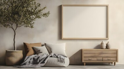 Elegant Wooden Frame Mockup on Boho Wall in Cozy Interior Design