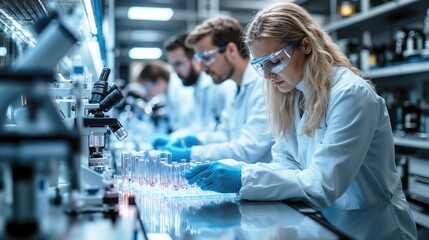 Young female scientist in laboratory conducting experiments with colleagues, caucasian adults collaborating in modern research facility