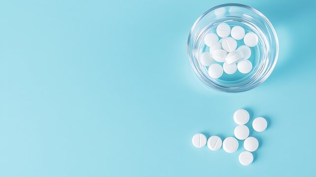 White Round Pills in Glass of Water on Blue, Healthcare and Pharmaceutical Concept