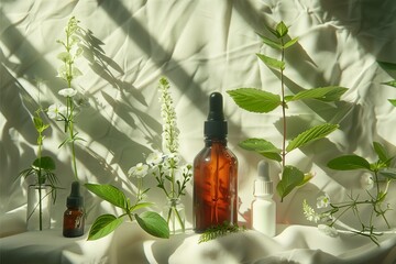 Natural Skincare Bottles Plants Sunlight Shadows