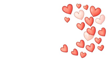 Scattered pink and red hearts on white background, leaving ample space