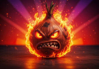 Burning angry toasted onion shaped character on fire with rage - isolated on blue