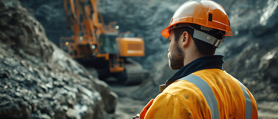Miner in Hard Hat Overlooking Quarry with Excavator