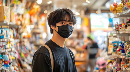 Young man wearing a mask in a bustling shop filled with colorful goods.