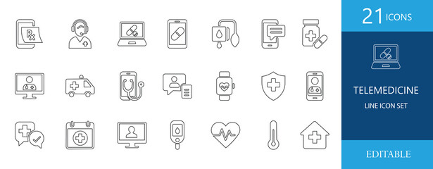 Editable telemedicine line icon set featuring healthcare, medical consultation, online doctor, pharmacy, smartwatch, ambulance, and virtual healthcare elements in a clean, minimal style