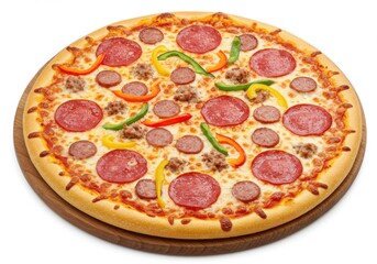 Delicious pepperoni pizza with sausage and peppers on wooden board