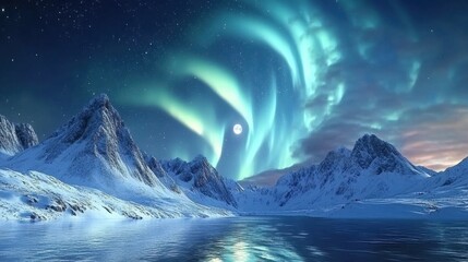 Spectacular aurora borealis over snowy mountains and reflective lake at night.