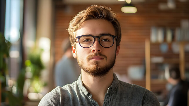 Close-up portrait of a young man with a thoughtful expression.