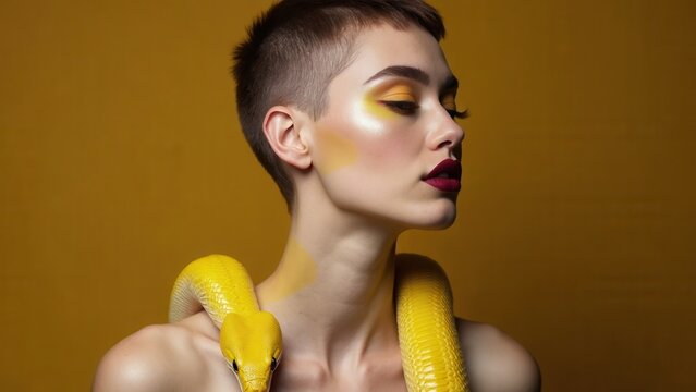 Beauty woman short haircut python yellow snake on her neck. A yellow snake on the shoulders of a girl. Beauty yellow eye shadow makeup, dark burgundy lipstick.