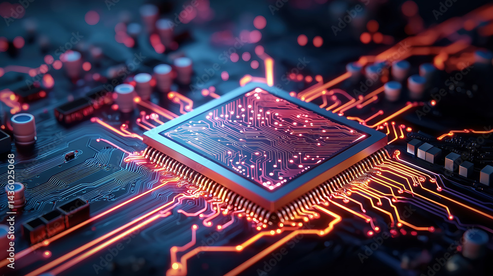 Poster glowing microchip on a circuit board showcases advanced tech