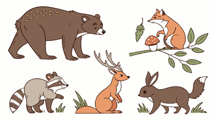 Vector Illustrations of Cute Woodland Forest Animals: Bear, Foxes, Deer, Raccoon, Rabbit, Rat, Squirrel, Owl, collection of vector animals, vector forest animals, cute vector animals icon cutouts  