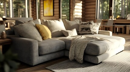 Fototapeta premium Cozy Scandinavian Living Room with Soft Gray Sofa and Natural Light