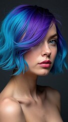 Fototapeta premium Portrait woman with bright colored flying hair, all shades purple blue. Hair coloring, beautiful lips and makeup. Hair fluttering in wind. Sexy girl with short hair. Professional.
