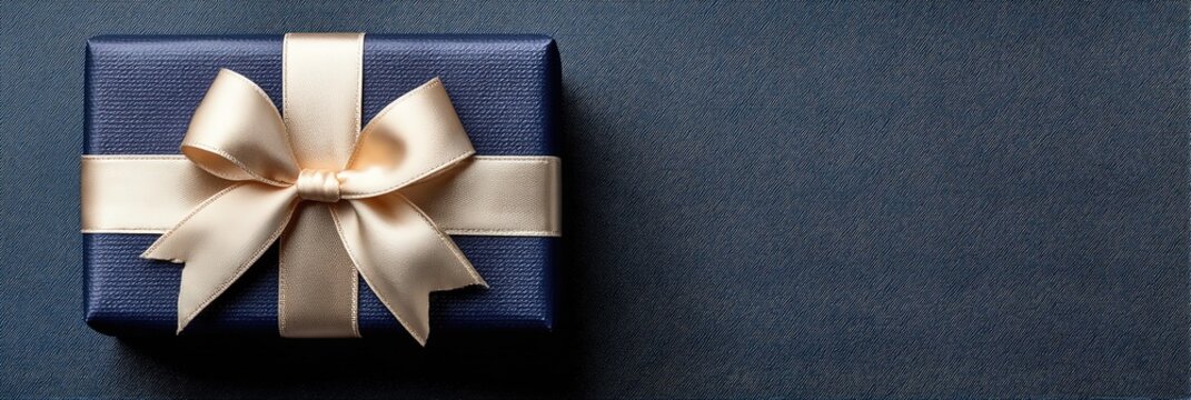 Elegant dark blue gift box with a cream-colored ribbon bow, placed on a solid dark blue background