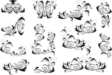 A set of vector floral elements features black and white ornate swirls and leaf patterns, ideal for vintage design and tattoo art