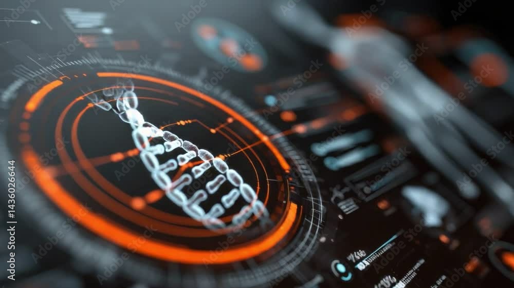 Poster digital dna display: a captivating view of a digital display showcasing a luminous dna strand, set a