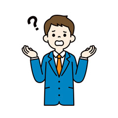 なぜ？のポーズをとる、スーツを着た若い男性のベクターイラスト素材＿線幅の編集可能＿カラー