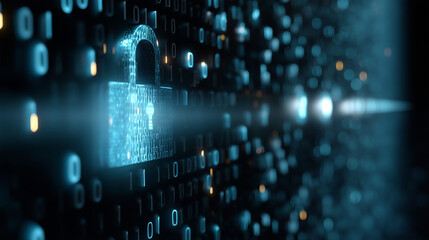 Obraz premium A digital concept visual for cybersecurity with abstract data flow and locks, ideal for tech presentations and infographics. 