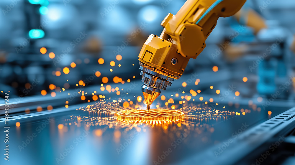 Poster robot arm engaged in precise laser cutting process at factory