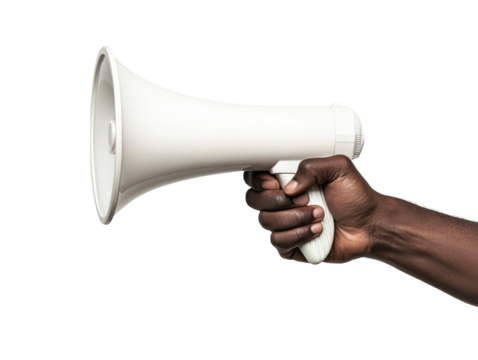 Human hand grasping a white megaphone against a clean backdrop, clear message concept