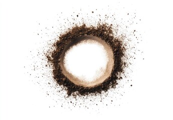 Circular frame of brown powder, with scattered particles