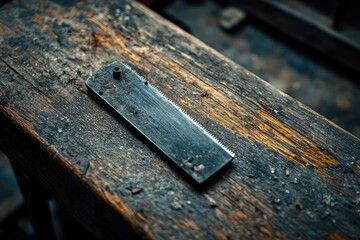 Vintage saw blade on weathered wood tool close up